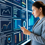 A highly analytical professional business evaluator, a woman in a modest business suit, standing thoughtfully in a futuristic, modern office. Transparent holographic screens display complex financial data visualizations and abstract symbols representing intangible assets like brand value and innovation. Subtle glowing lines indicate data streams. She holds a stylus, engaging with the digital information. The setting emphasizes the blend of art and science in valuation. Professional photography, high quality, perfect anatomy, correct proportions, natural pose, well-formed hands, proper finger count, natural body proportions, safe for work, appropriate content, fully clothed, professional dress, family-friendly.