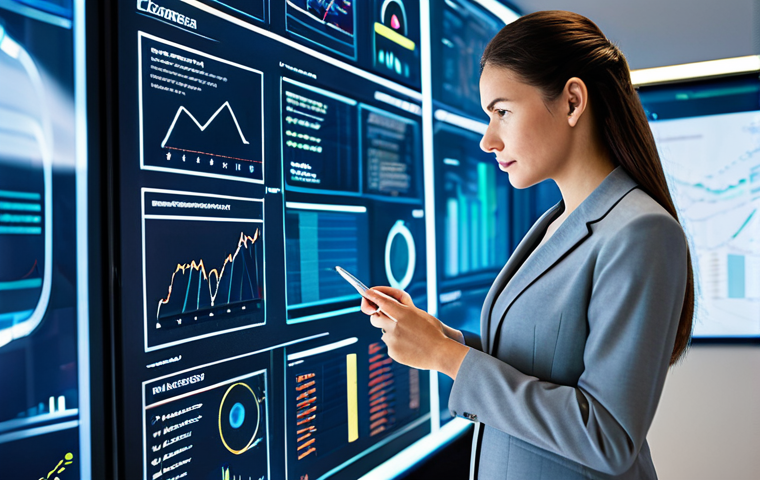 A highly analytical professional business evaluator, a woman in a modest business suit, standing thoughtfully in a futuristic, modern office. Transparent holographic screens display complex financial data visualizations and abstract symbols representing intangible assets like brand value and innovation. Subtle glowing lines indicate data streams. She holds a stylus, engaging with the digital information. The setting emphasizes the blend of art and science in valuation. Professional photography, high quality, perfect anatomy, correct proportions, natural pose, well-formed hands, proper finger count, natural body proportions, safe for work, appropriate content, fully clothed, professional dress, family-friendly.