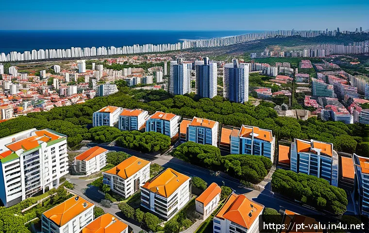감정평가사의 공공 프로젝트 참여 - A detailed aerial view of a modern Brazilian urban neighborhood undergoing revitalization, featuring...