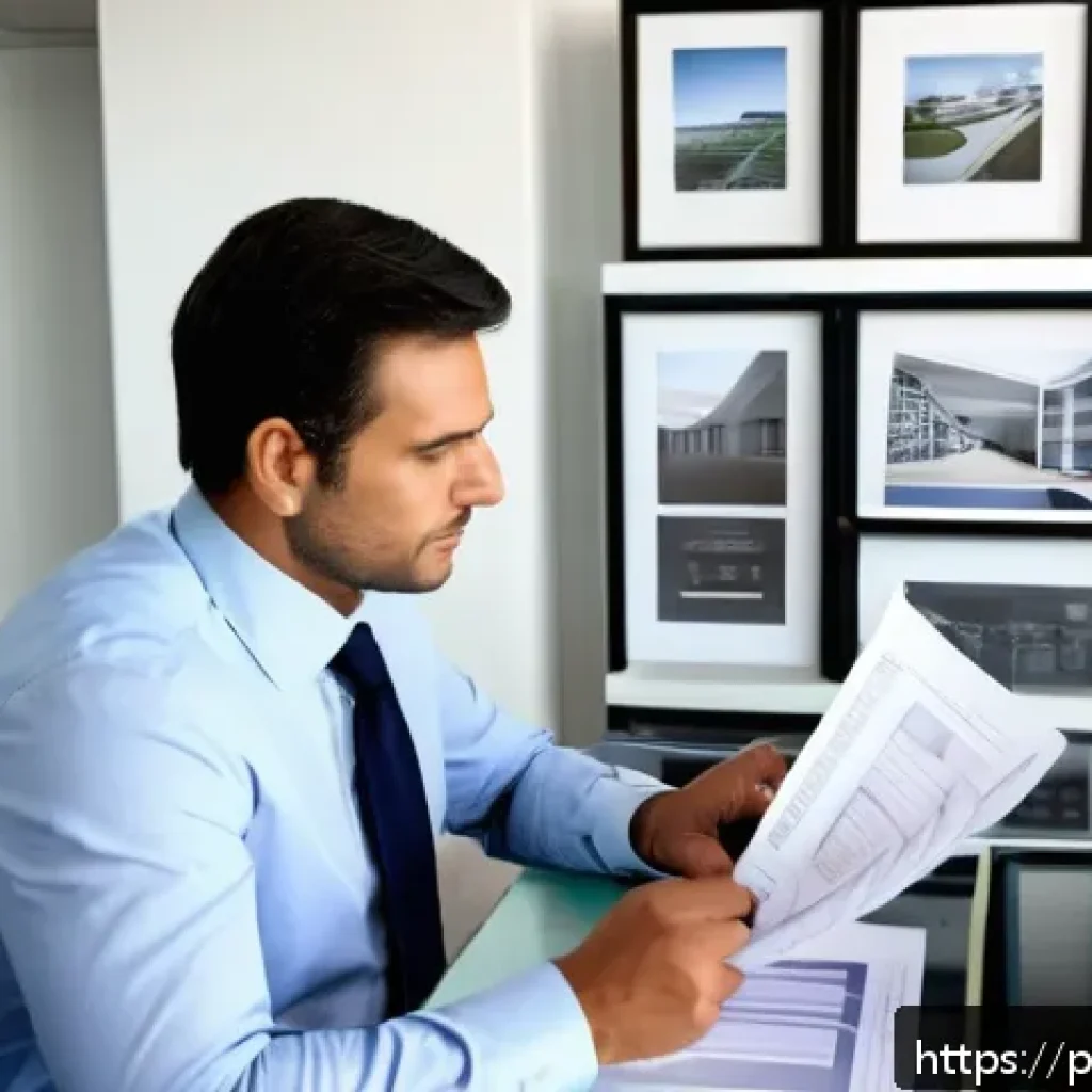 감정평가사의 감정평가 관련 법률 요약 - A professional real estate appraiser in business attire carefully examining architectural blueprints...