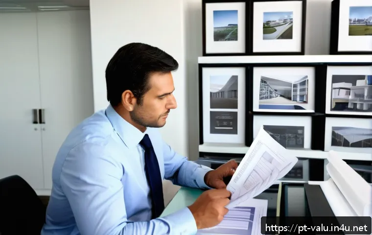 감정평가사의 감정평가 관련 법률 요약 - A professional real estate appraiser in business attire carefully examining architectural blueprints...
